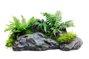 Tropical plant fern moss bush tree jungle stone rock isolated on white background