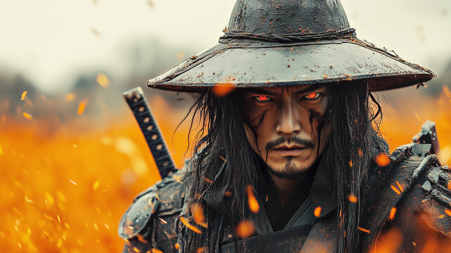 Futuristic cyberpunk samurai on the battlefield with sword.
 - Powered by Adobe