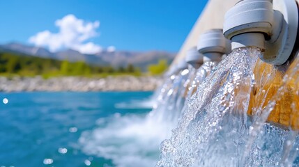 Several faucets simultaneously pour water into a vibrant blue lake, reflecting a harmonious interaction between manmade constructs and natural beauty, set in vibrant allure.