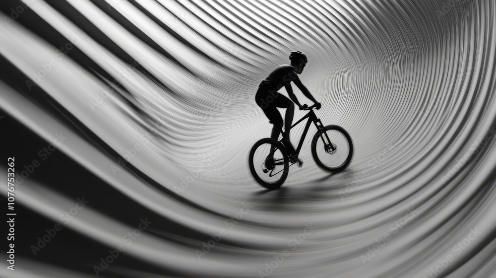 Poster silhouette of cyclist riding through futuristic tunnel with dynamic curved lines in black and white