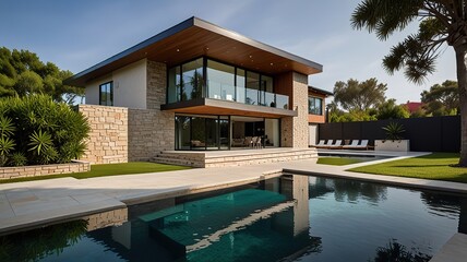 Obraz premium View of swimming pool and modern home exterior
