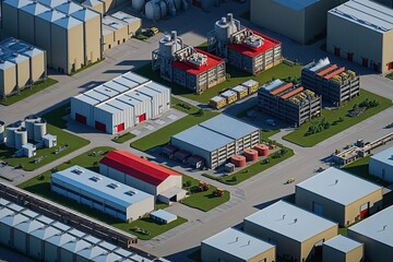 Low Poly 3D Industrial City Featuring Factories Storage Buildings and Office Complexes