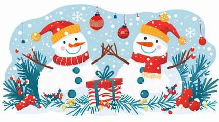 Fototapeta premium 2 cheerful snowmen standing in winter christmas landscape. christmas cards greeting happy merry new year Cheerful snowmen 2 standing in winter christmas