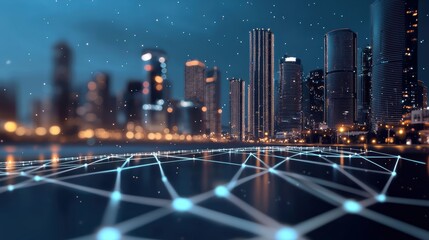 A futuristic cityscape illuminated at night, featuring a network grid overlay that symbolizes connectivity and technology.