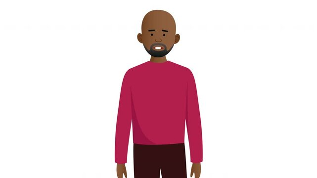2D Illustrated bald black male vector character talking for different lengths of time animation. Mouth moving. Pauses for easy cutting. On white background.	