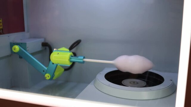 A close-up of a machine creating cotton candy, with a robotic arm holding a stick as fluffy cotton candy forms on it. The setup is in a controlled environment, showcasing the automation of cotton cand