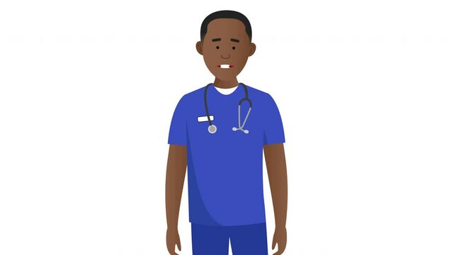 2D Illustrated male black nurse man vector character talking for different lengths of time animation. Mouth moving. Pauses for easy cutting. On white background.	