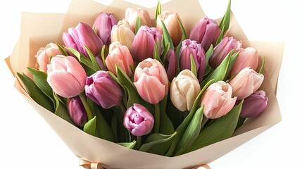 A Bouquet of Pink and Purple Tulips Wrapped in Brown Paper