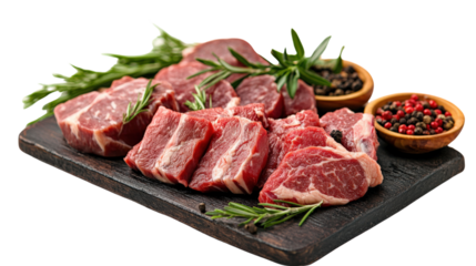 Fresh cuts of meat with herbs on a wooden board, ideal for culinary presentations.