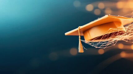 A digital mortarboard cap floats amidst vibrant, flowing abstract data lines, symbolizing the convergence of technology and education on a deep blue background.