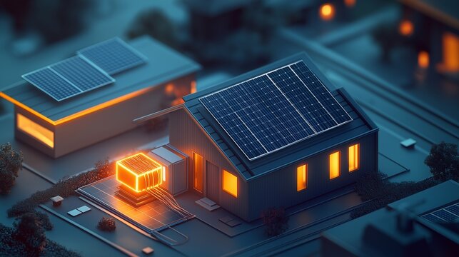 A futuristic home energy system where rooftop solar panels feed power into a glowing, compact solid-state battery, efficiently storing energy for nighttime use. 
