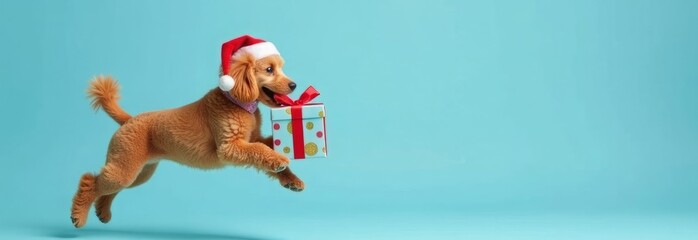 Running dog of the royal poodle breed in Santa's hat holding a christmas gift box in his teeth
