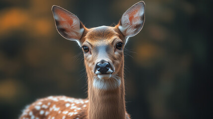 A graceful spotted deer stands poised in a tranquil forest during the golden hour, surrounded by dappled sunlight and shadows.