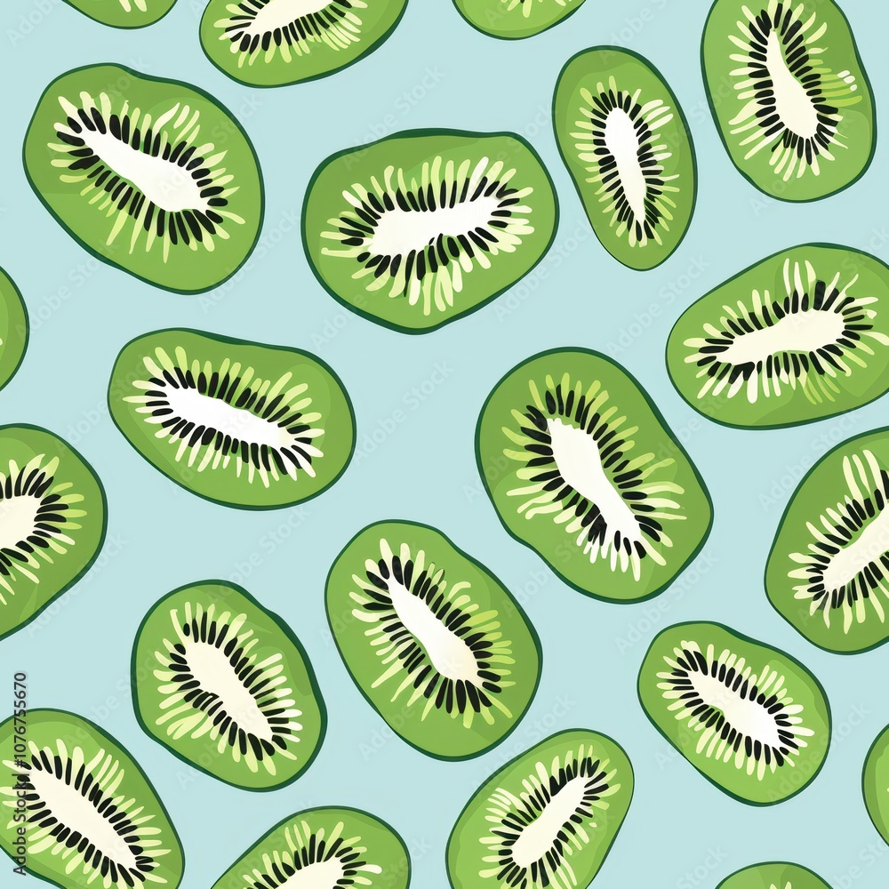 Poster seamless minimal pattern featuring vibrant kiwifruit slices on a soft blue background ideal for fabr