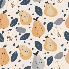 Seamless Minimal Pattern Featuring Pears, Leaves, and Shapes for Fabric Design and Textile Projects