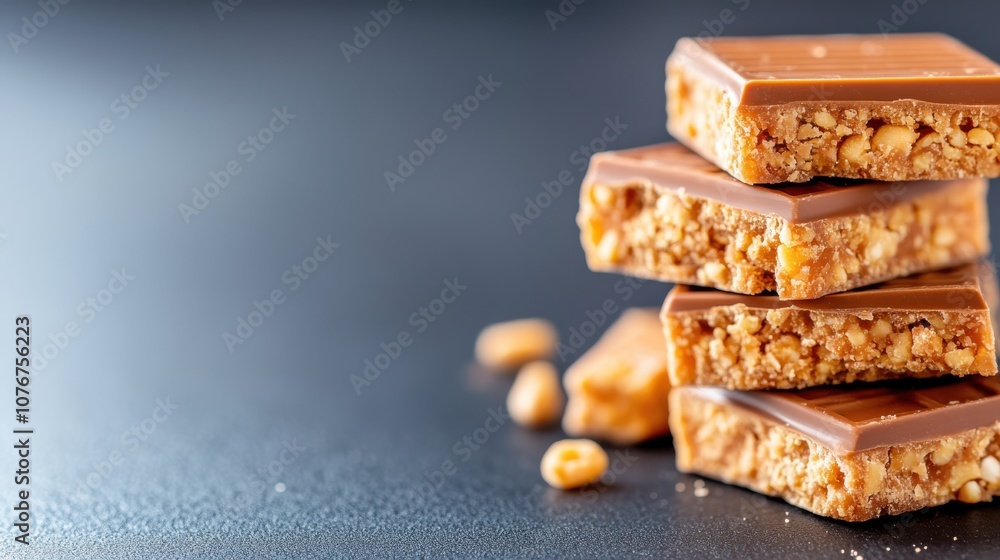 Aufkleber this image displays a stack of chocolate bars filled with crunchy nuts, capturing the contrast betwe