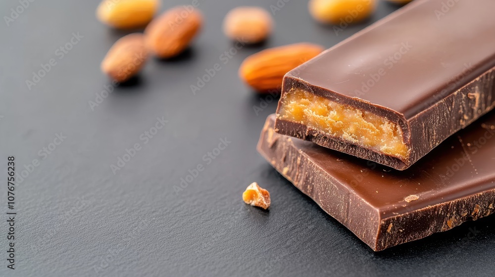 Aufkleber a close-up shot showcasing a rich chocolate bar filled with caramel and adorned with almonds, highli