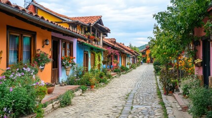 Obraz premium A picturesque village street lined with colorful houses and cobblestone paths