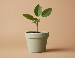 Fototapeta premium Potted Green Plant with Leaves on a Soft Beige Background