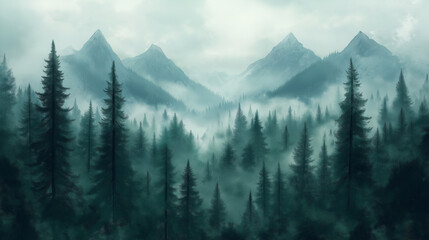 Obraz premium Misty Forest In Gentle Watercolors: Mountains Looming In The Background Under A Soft, Hazy Sky