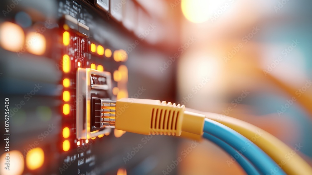 Aufkleber detailed close-up view of cables plugged into a server port, demonstrating intricate network connect