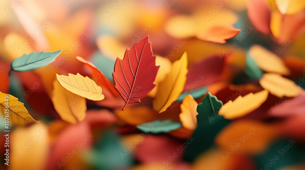 Poster a dynamic depiction of brightly colored paper leaves seemingly floating in the air, capturing the es