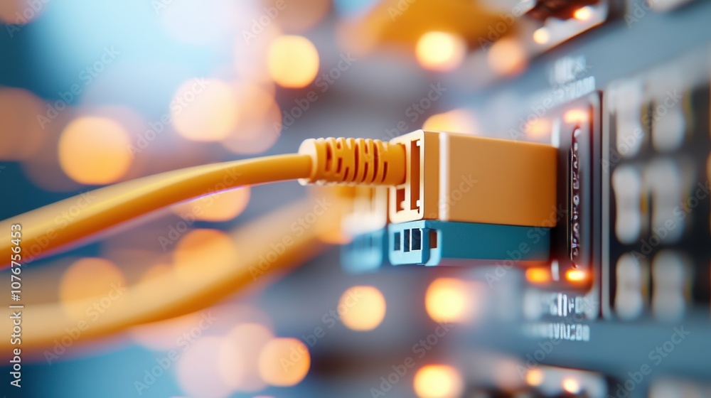 Aufkleber close-up image of an ethernet cable plugged into a network switch with illuminated lights, symbolizi