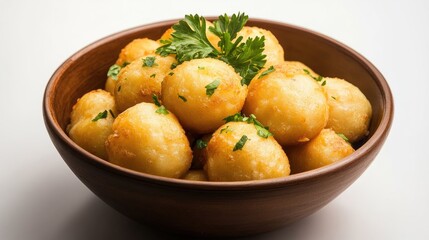 Golden Balls in Brown Bowl with Fresh Herbs