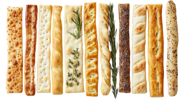Variety of breadsticks arranged in a row, white isolated background