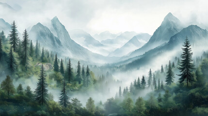 Fototapeta premium Misty Forest In Gentle Watercolors: Mountains Looming In The Background Under A Soft, Hazy Sky