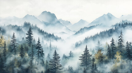 Fototapeta premium Misty Forest In Gentle Watercolors: Mountains Looming In The Background Under A Soft, Hazy Sky