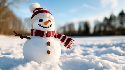 Obraz premium A friendly snowman with a red striped scarf joyfully waves in the snowy field, capturing the essence of playful winter days under a crystal clear sky.
