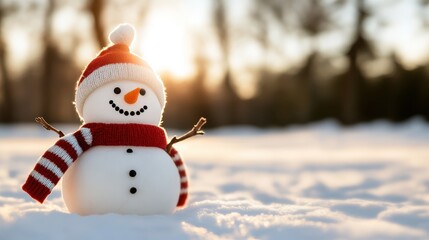 Fototapeta premium A cheerful snowman adorned with a red hat and scarf stands in a snowy field during sunset, creating a warm and cozy winter atmosphere.