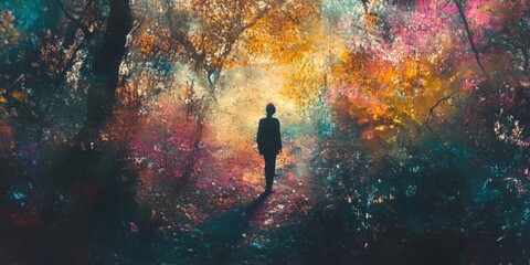 A person is walking through a forest