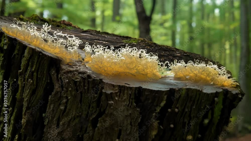 Poster gentle push-in macro video of slime mold on a log in dappled forest light.