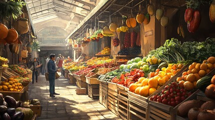 Illustrate a bustling marketplace at eye level