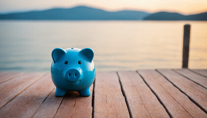 blue piggy bank on a wooden pier