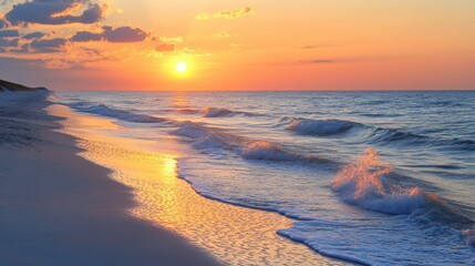 Fototapeta premium A serene beach with gentle waves lapping at the shore during sunset