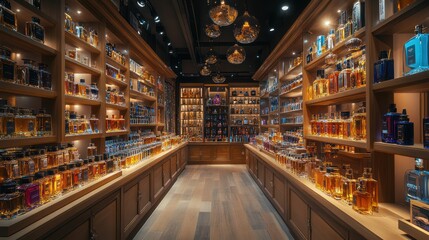 Fototapeta premium A narrow aisle in a perfume shop lined with shelves full of bottles of various scents.