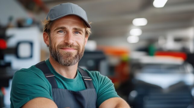 An experienced mechanic in green attire poses confidently in a well-equipped, modern auto garage filled with the latest tools and equipment, symbolizing innovation and expertise.