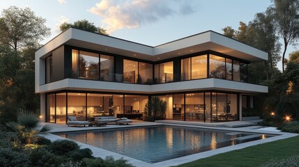 Fototapeta premium Modern house with large windows and pool in a serene setting.