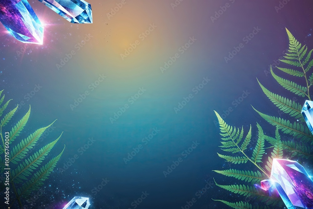 Poster vivid fern pattern gradient background with shimmering crystal effects in a minimalist cosmic design