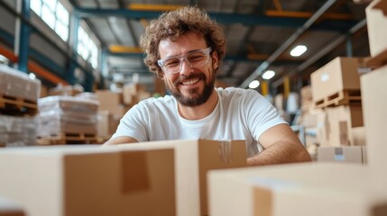 Fototapeta premium A man with curly hair and protective goggles engages in work tasks amidst boxes in a warehouse, displaying attention to detail and following safety measures.