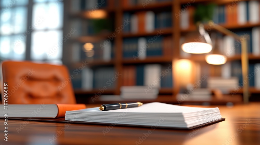 Poster a closed notebook with a pen placed on a wooden desk captures an elegant moment of quiet reflection 