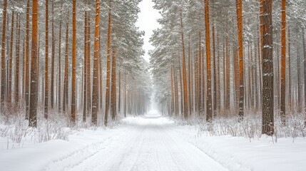 Naklejka premium A snow-covered forest with tall pine trees and a path leading into the distance