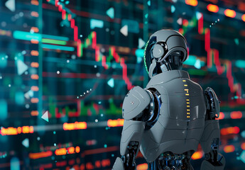 Fototapeta premium A detailed Vray-rendered 3D image of an AI trading robot studying Forex graphs, representing automated stock market trading, crypto investments, and financial technology advancements.