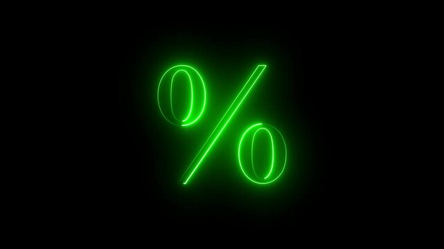The neon % icon features a glowing, colorful design resembling neon lights, symbolizing percentages, ratios, or discounts. It conveys a sense of dynamic energy and modern, attention-grabbing visuals.