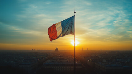 Stunning view of Paris with a vibrant flag over the Seine, capturing the city's charm on a sunny afternoon.