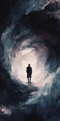 Obraz premium Mysterious Silhouette Walking Through Abstract Tunnel of Light