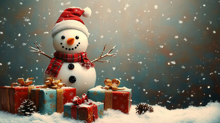 Obraz premium Snowman cheerfully poses atop festive gift boxes in a cozy winter-themed setting, capturing the essence of winter wonder and holiday spirit. Perfect for Christmas and New Year festival wallpapers,...